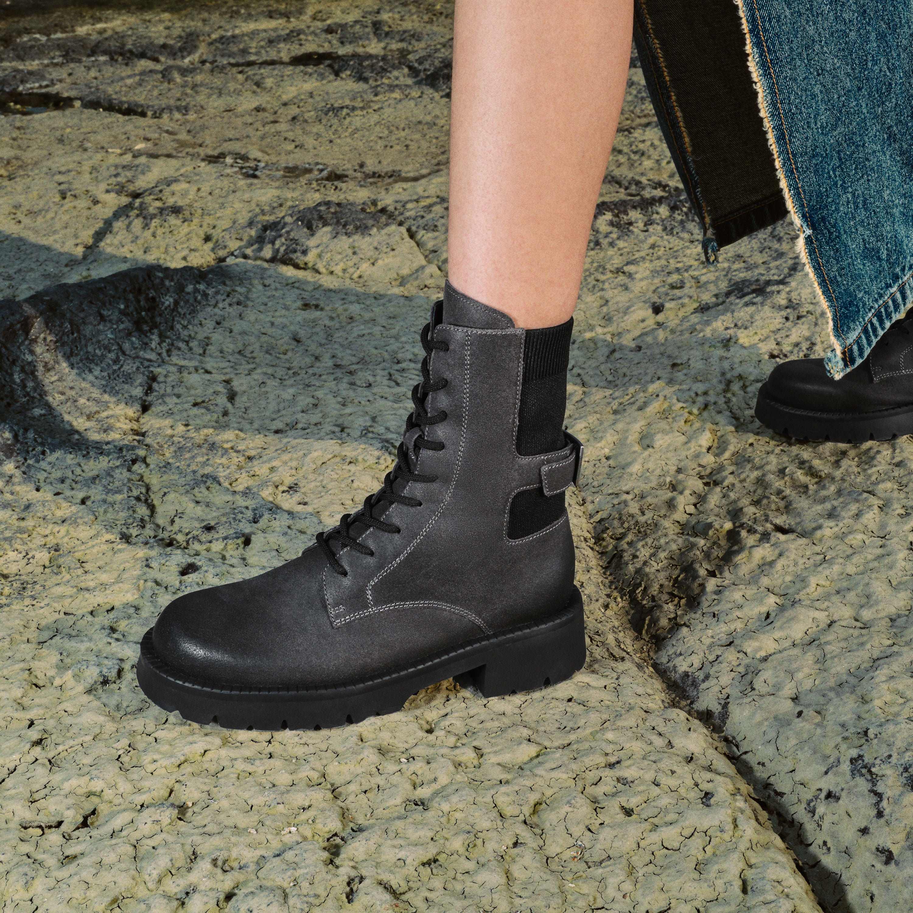 Grey Suede Adjustable Combat Boots