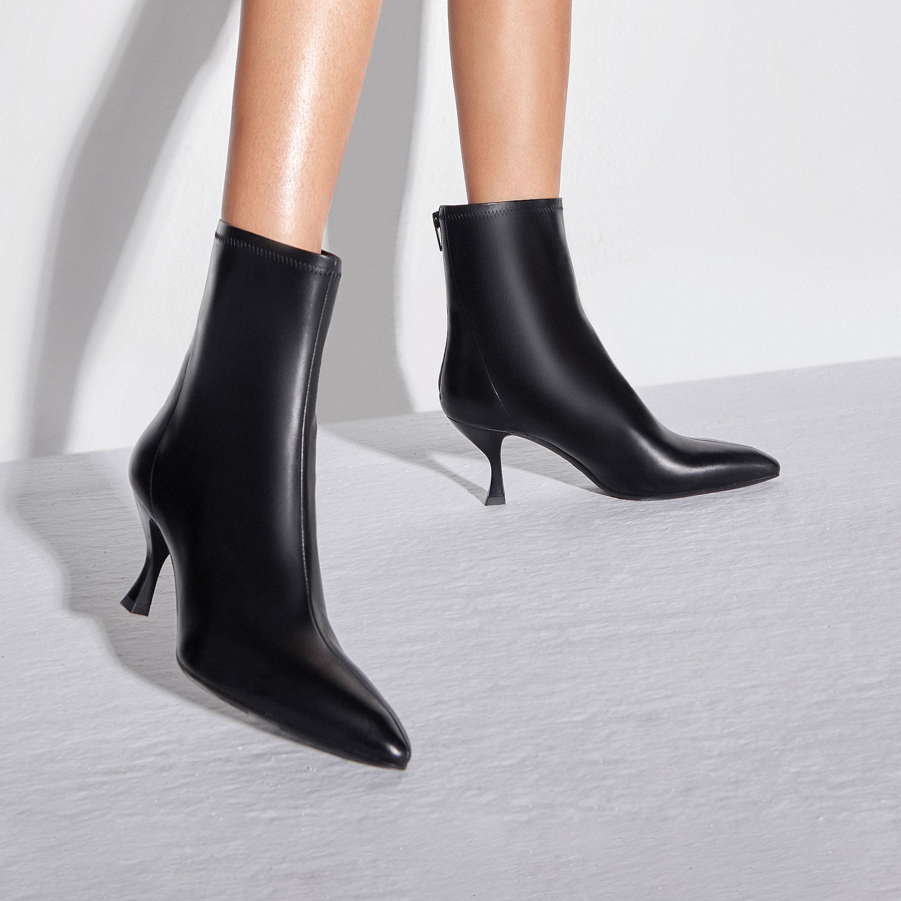 Black Waxy Pointy Heeled Ankle Boots