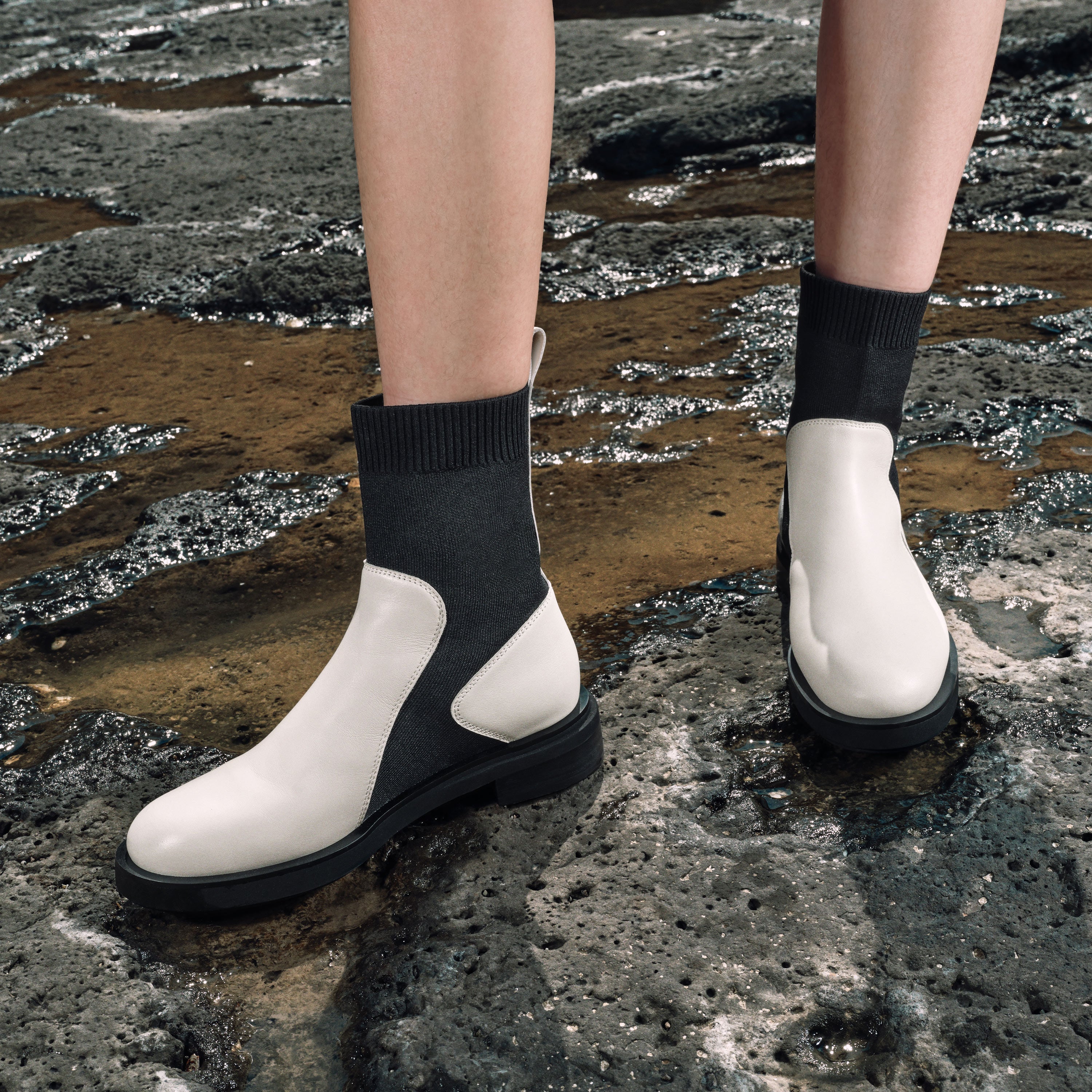 Beige Floral Leather Sock Boots
