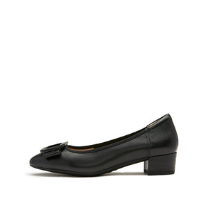Black Bow Buckle Leather Heeled Pumps