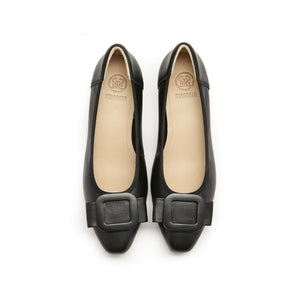 Black Bow Buckle Leather Heeled Pumps