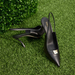 Load image into Gallery viewer, Black ST Metal-plaque Slingback Pumps
