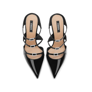 Black Triple Crystal Strap Pointy Pumps