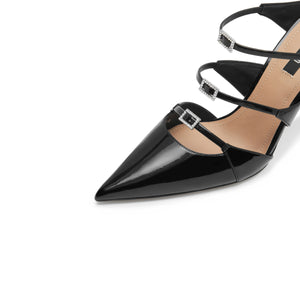 Black Triple Crystal Strap Pointy Pumps