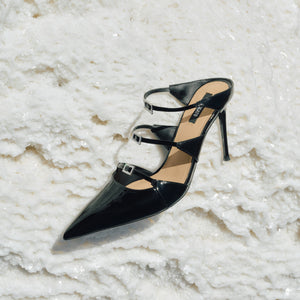 Black Triple Crystal Strap Pointy Pumps