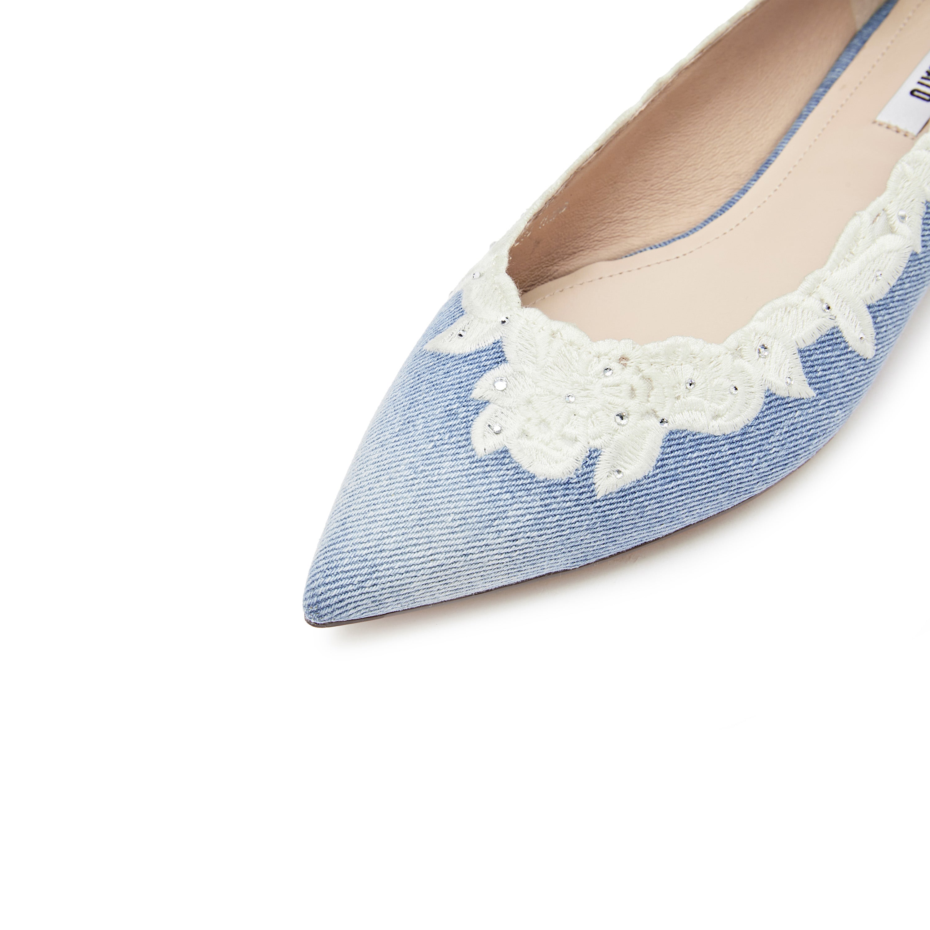 Denim Lace Crystal Pointy Flats