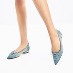 Load image into Gallery viewer, Denim Bow Tie Crystal Pointy Flats
