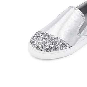 Silver Glitter Toe Cap Leather Slip On