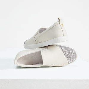 Silver Glitter Toe Cap Leather Slip On