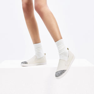 Silver Glitter Toe Cap Leather Slip On