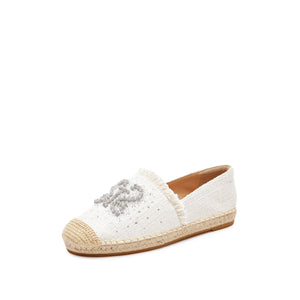 White Crystal Pearl-Embellished Logo Espadrilles