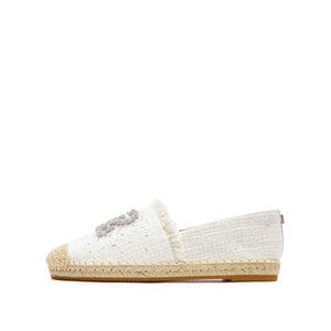 White Crystal Pearl-Embellished Logo Espadrilles