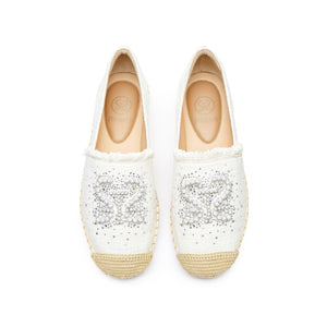 White Crystal Pearl-Embellished Logo Espadrilles