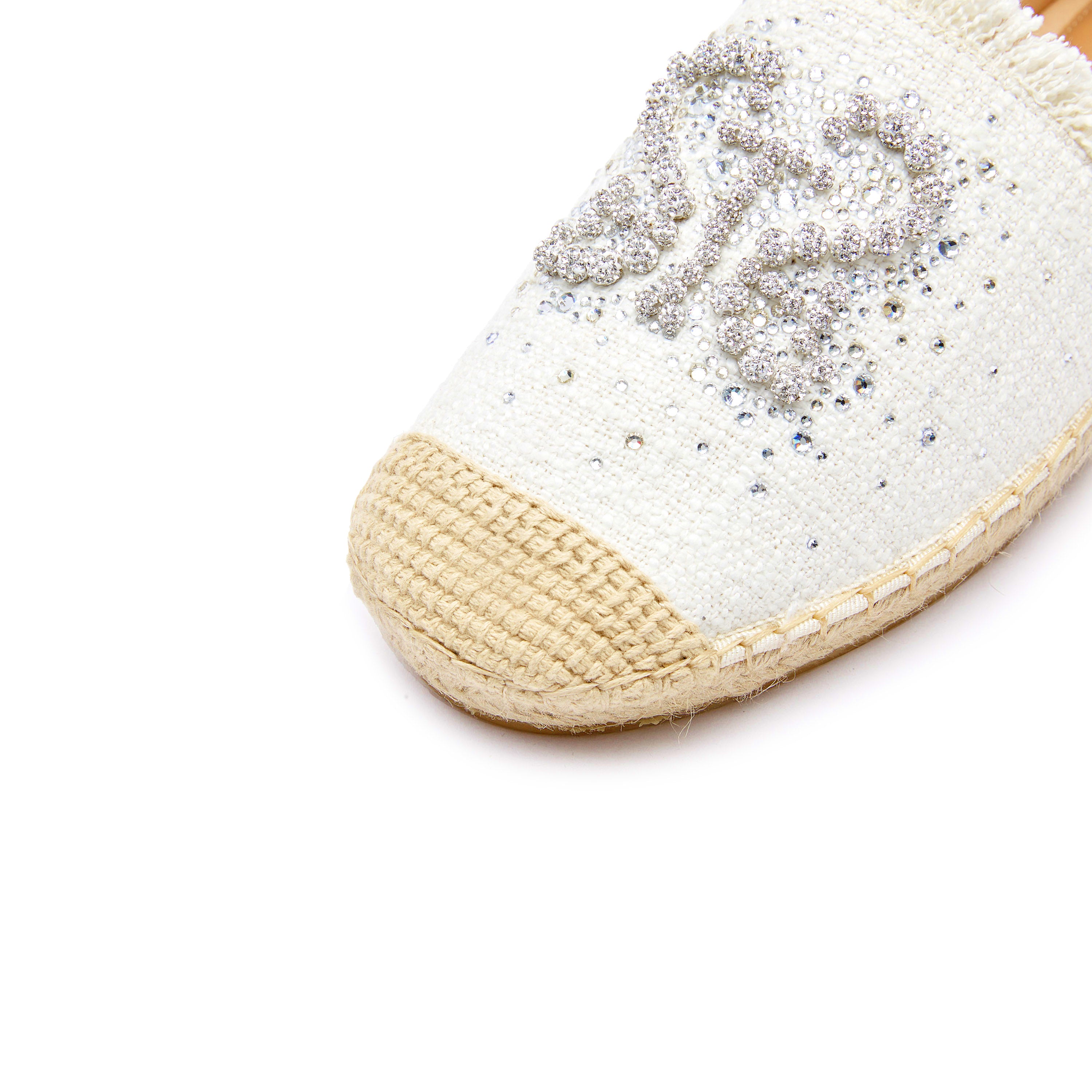 White Crystal Pearl-Embellished Logo Espadrilles