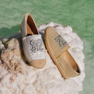 White Crystal Pearl-Embellished Logo Espadrilles