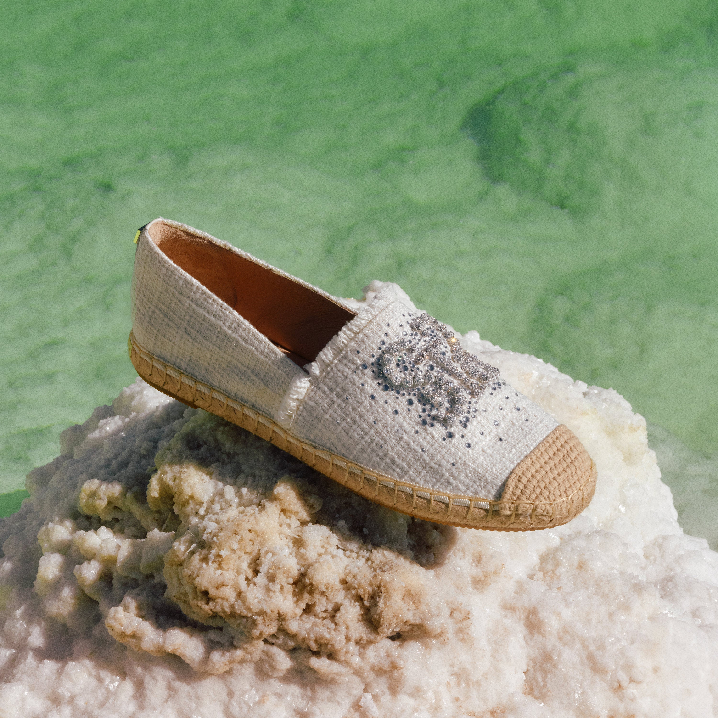 White Crystal Pearl-Embellished Logo Espadrilles