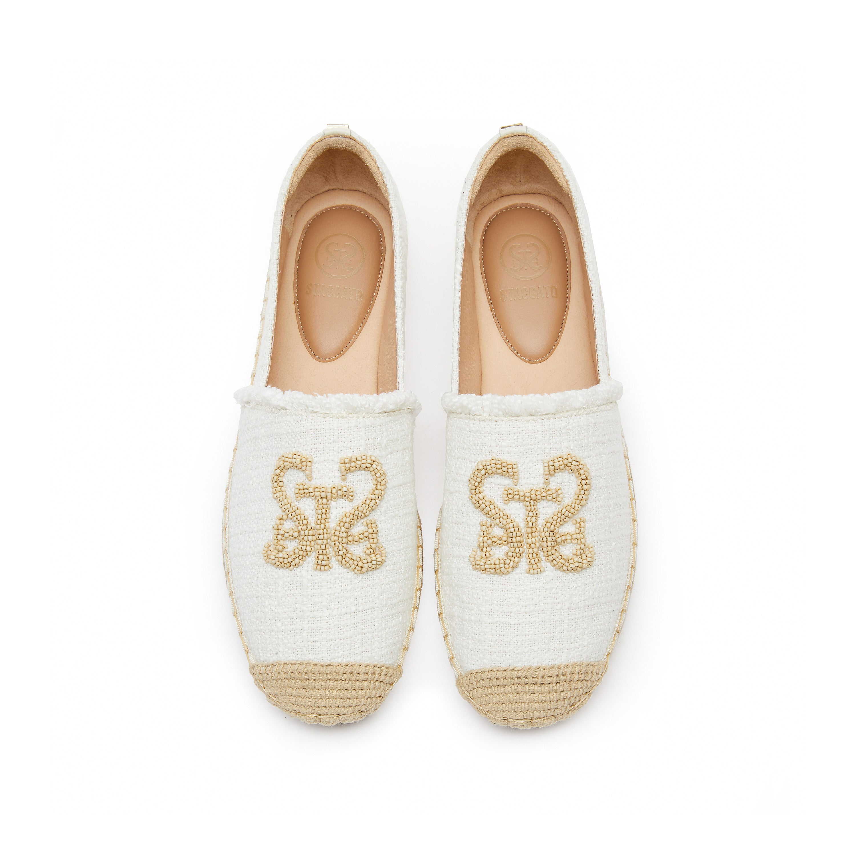 White Bead-Embellished Logo Espadrilles