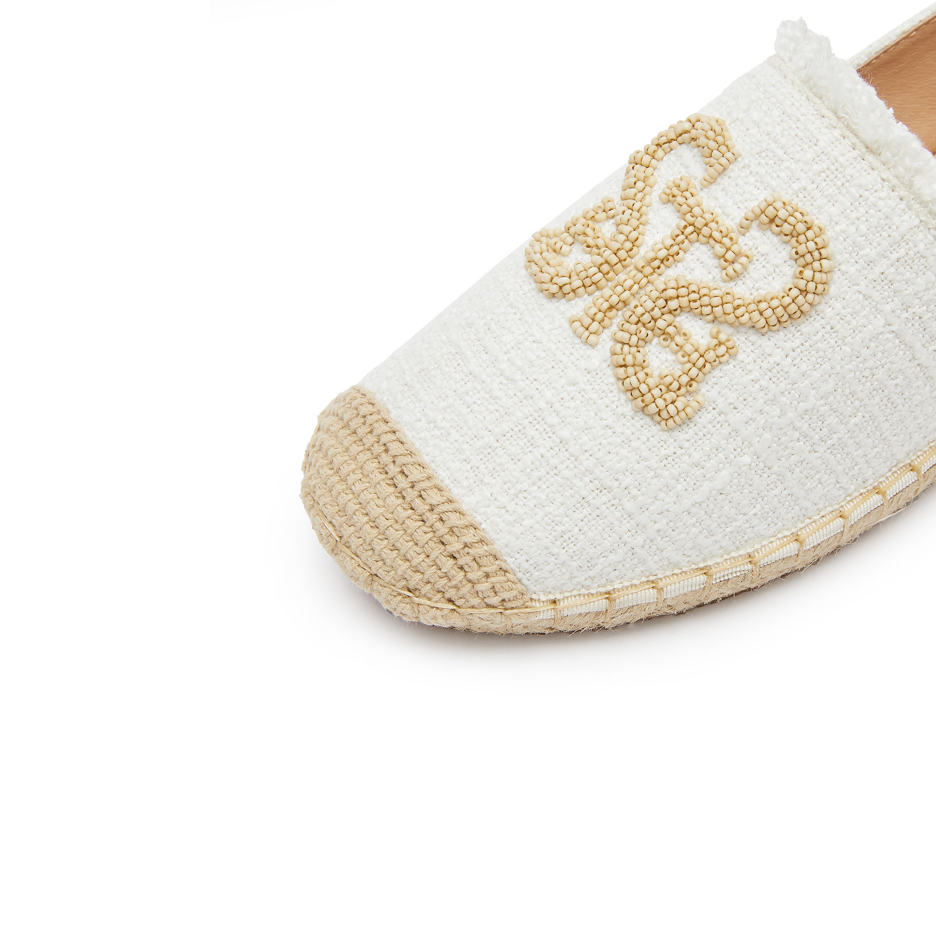 White Bead-Embellished Logo Espadrilles