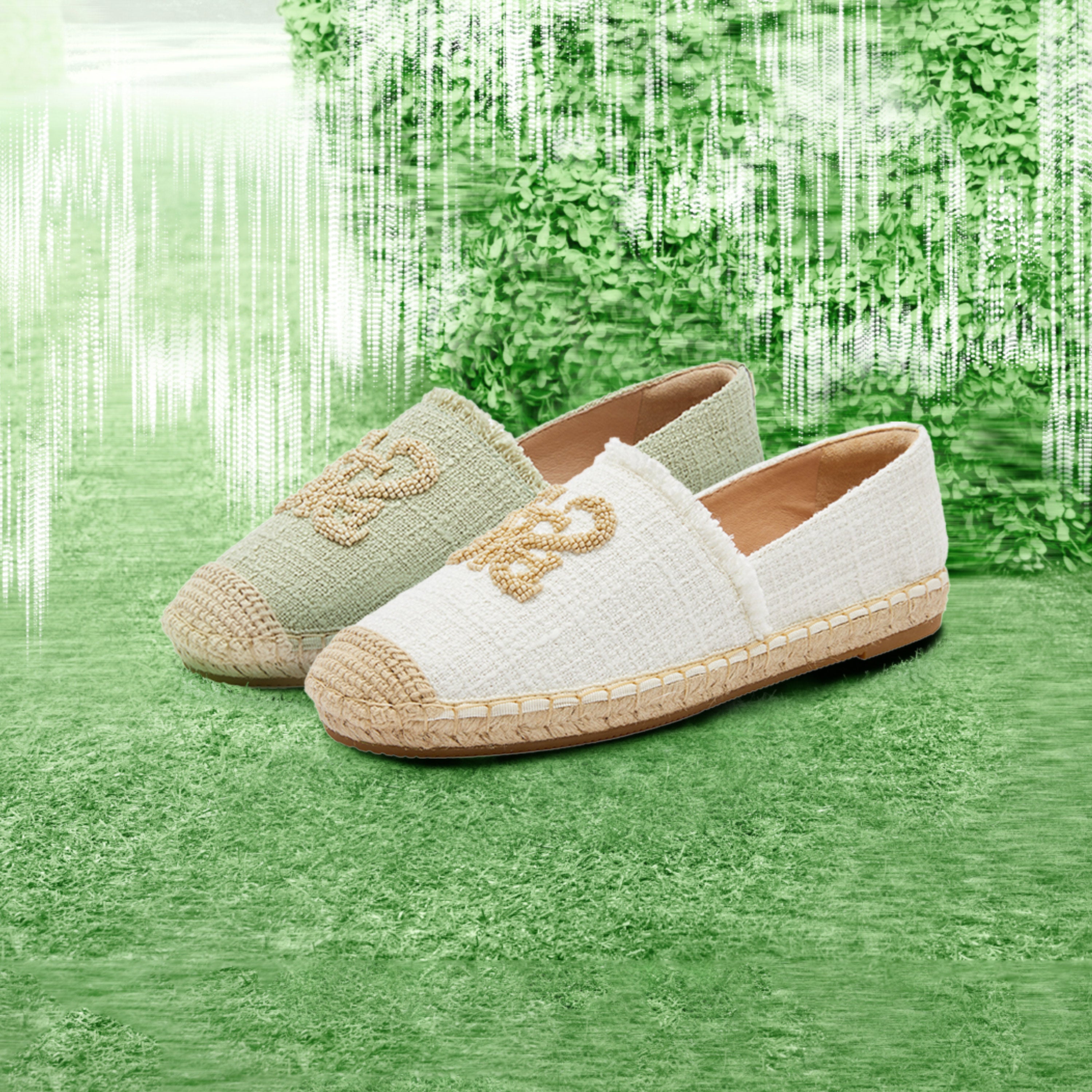 White Bead-Embellished Logo Espadrilles