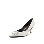 Load image into Gallery viewer, White Metallic Buckle Square Toe Pumps
