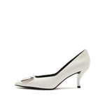 Load image into Gallery viewer, White Metallic Buckle Square Toe Pumps
