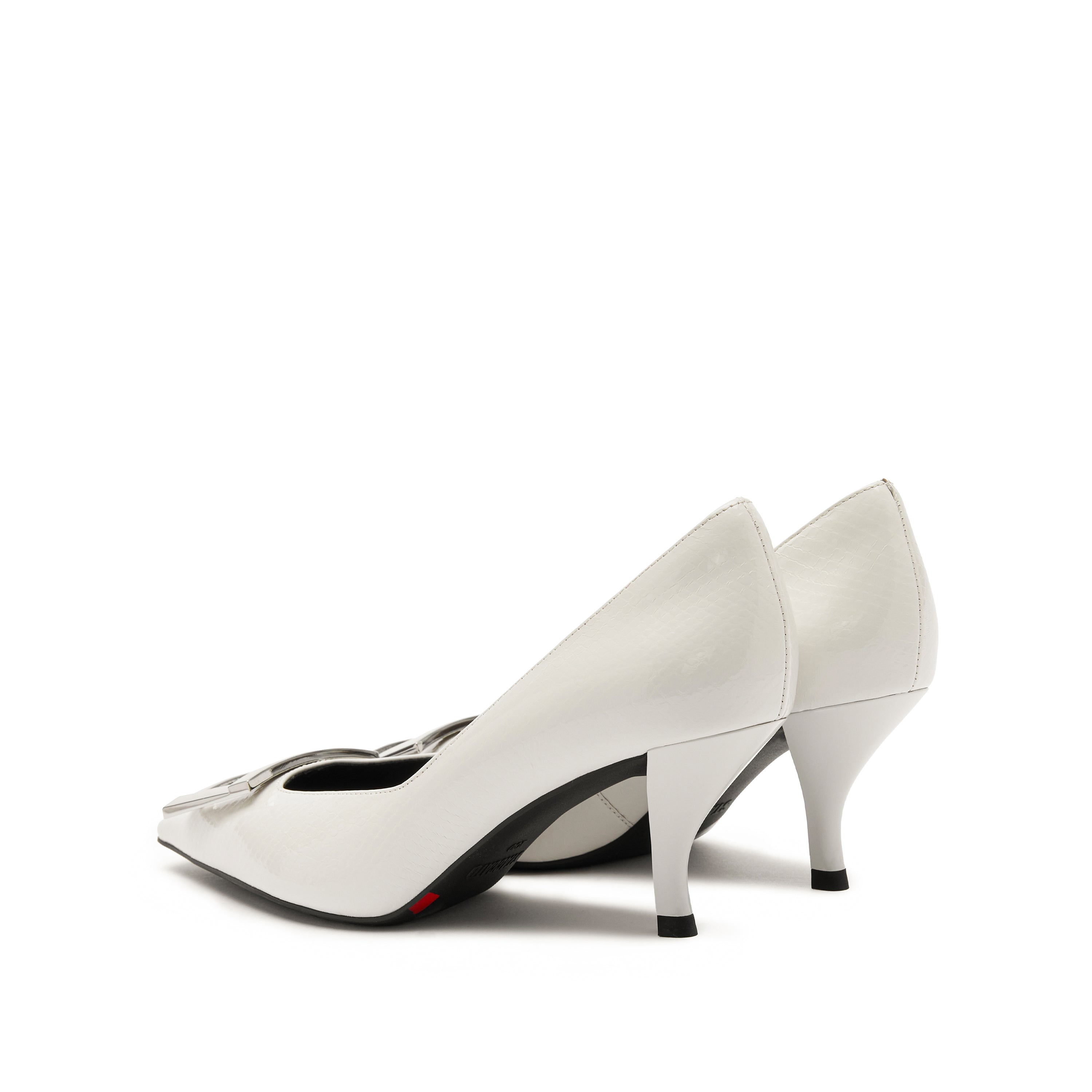 White Metallic Buckle Square Toe Pumps