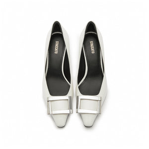 White Metallic Buckle Square Toe Pumps