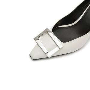 White Metallic Buckle Square Toe Pumps