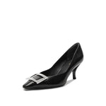 Load image into Gallery viewer, Black Metallic Buckle Square Toe Pumps
