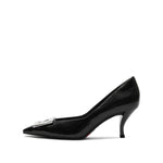 Load image into Gallery viewer, Black Metallic Buckle Square Toe Pumps
