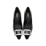 Load image into Gallery viewer, Black Metallic Buckle Square Toe Pumps
