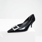 Load image into Gallery viewer, Black Metallic Buckle Square Toe Pumps
