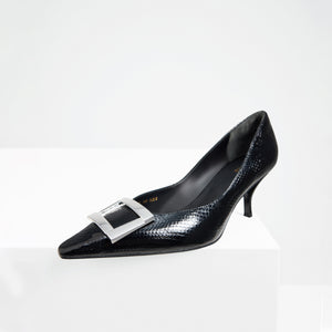 Black Metallic Buckle Square Toe Pumps