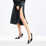 Load image into Gallery viewer, Black Metallic Buckle Square Toe Pumps
