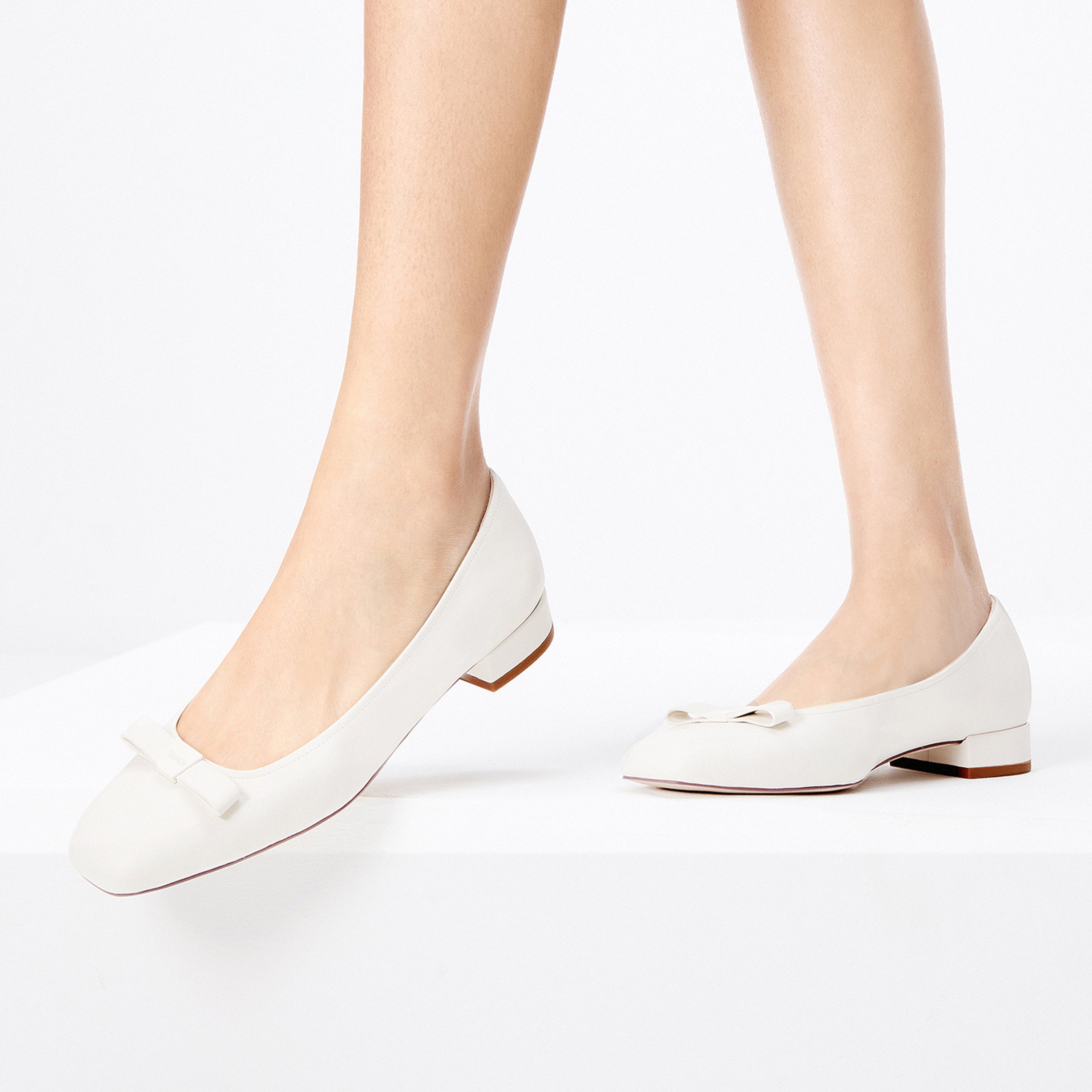 Beige Bow Leather Flats