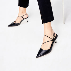 Black Cross Strap Pointy Slingback Pumps