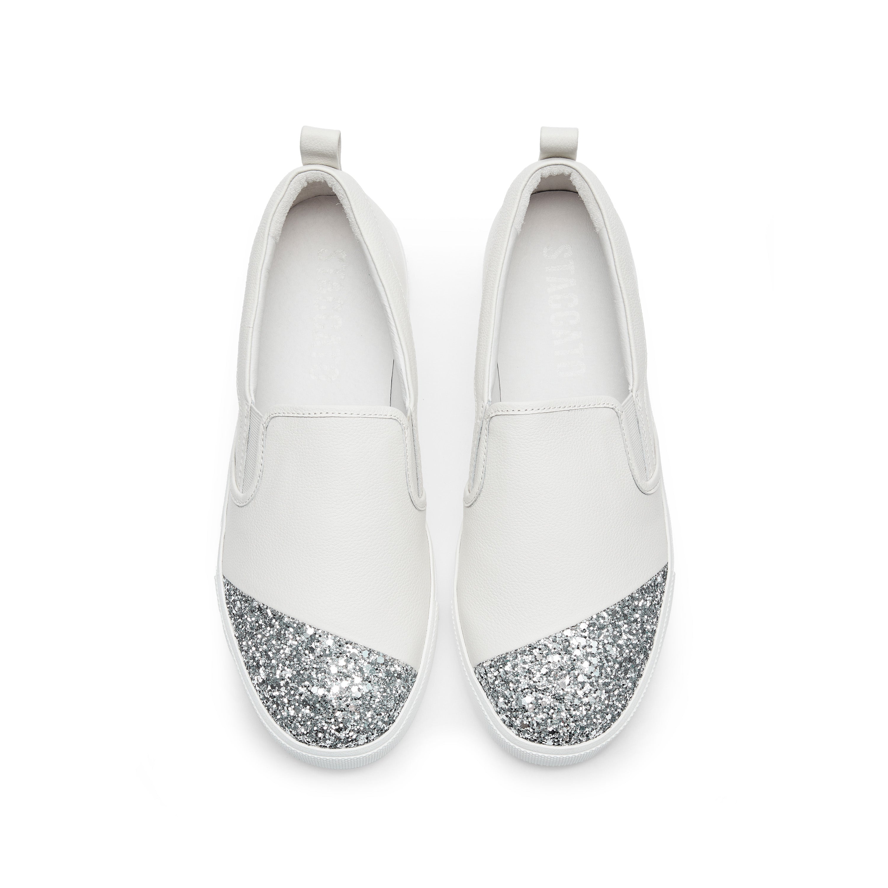 White Glitter Toe Cap Leather Slip On