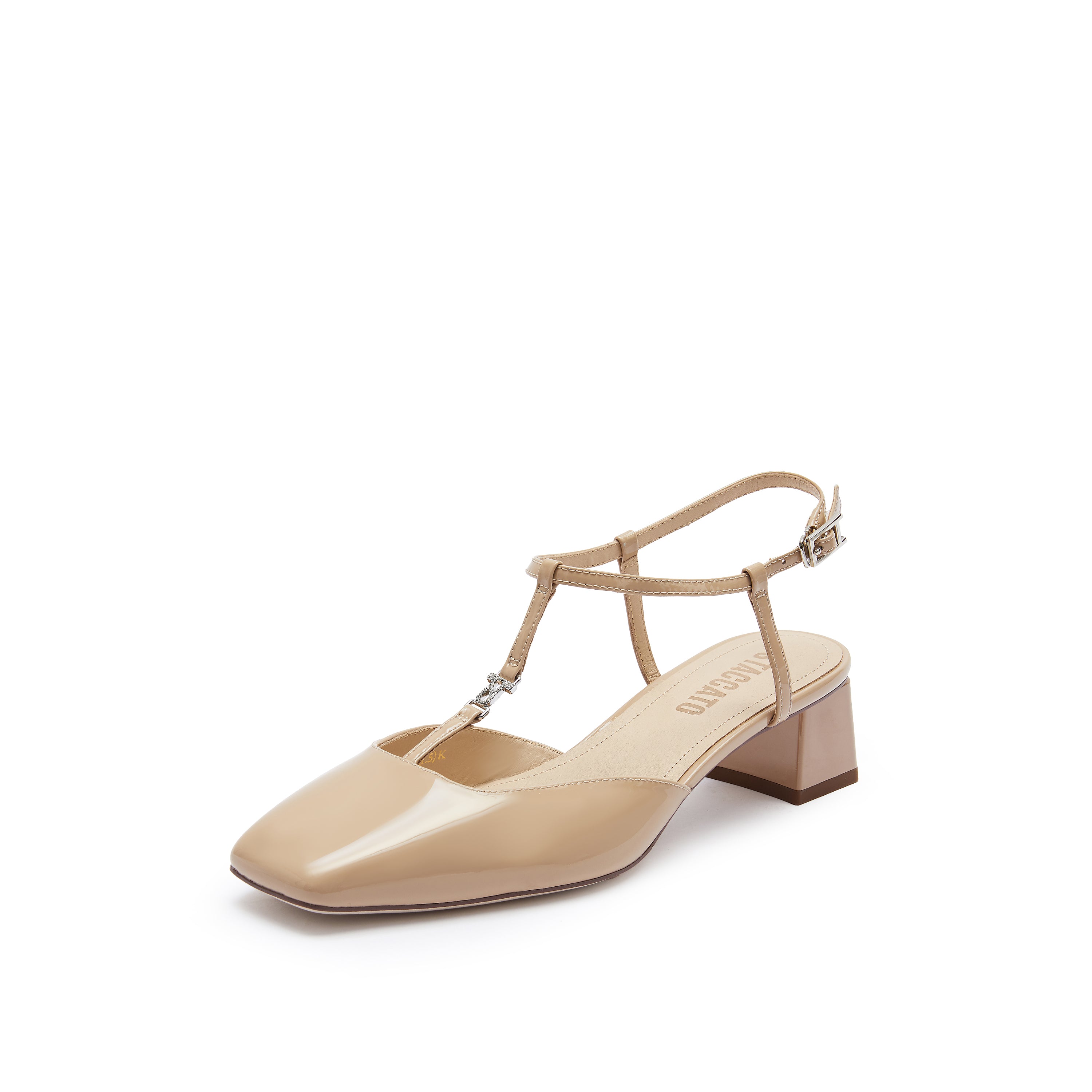 Taupe Square T-Strap Patent Pumps