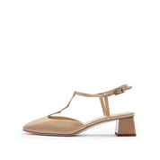 Taupe Square T-Strap Patent Pumps