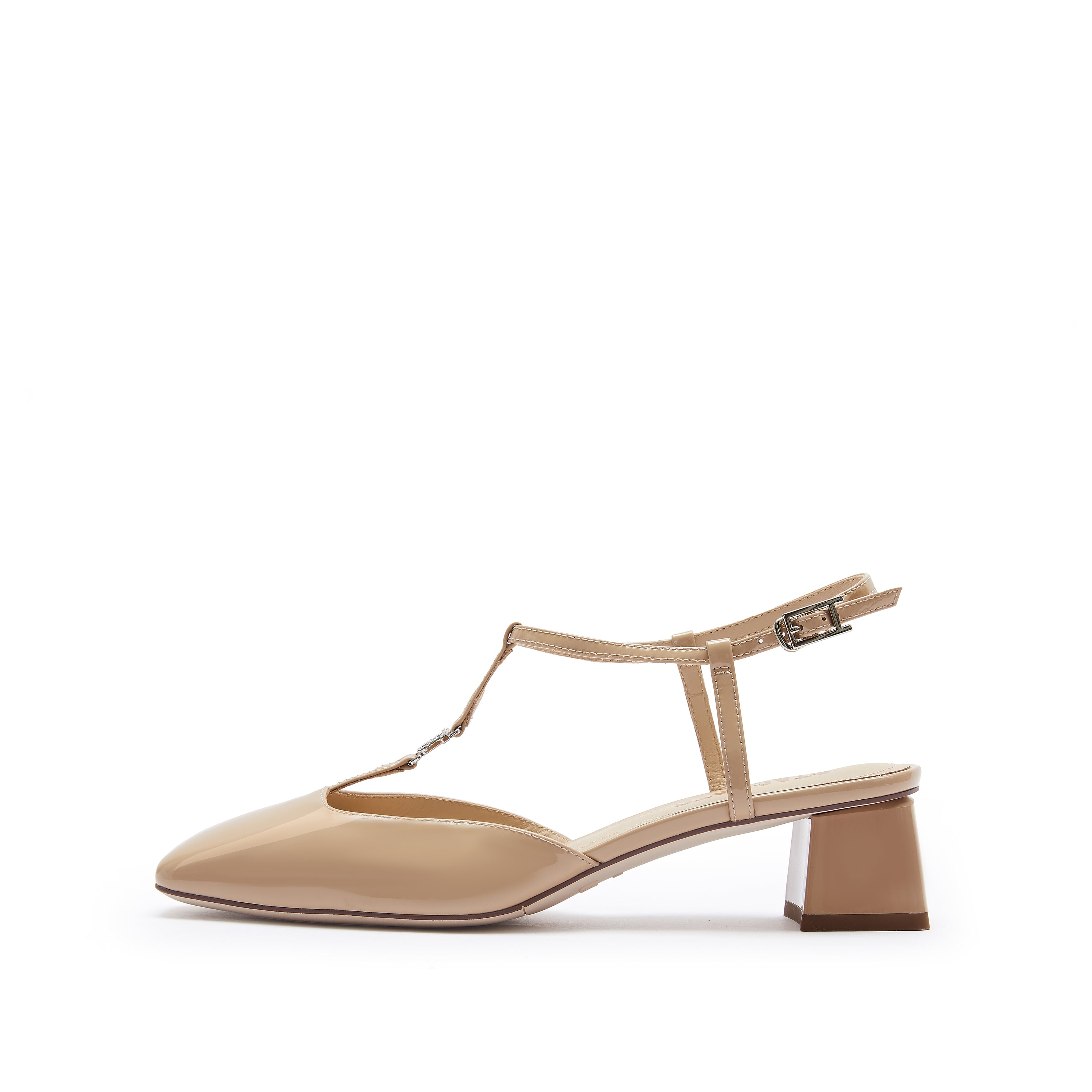 Taupe Square T-Strap Patent Pumps