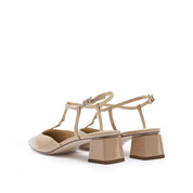 Taupe Square T-Strap Patent Pumps