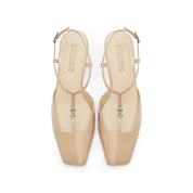 Taupe Square T-Strap Patent Pumps