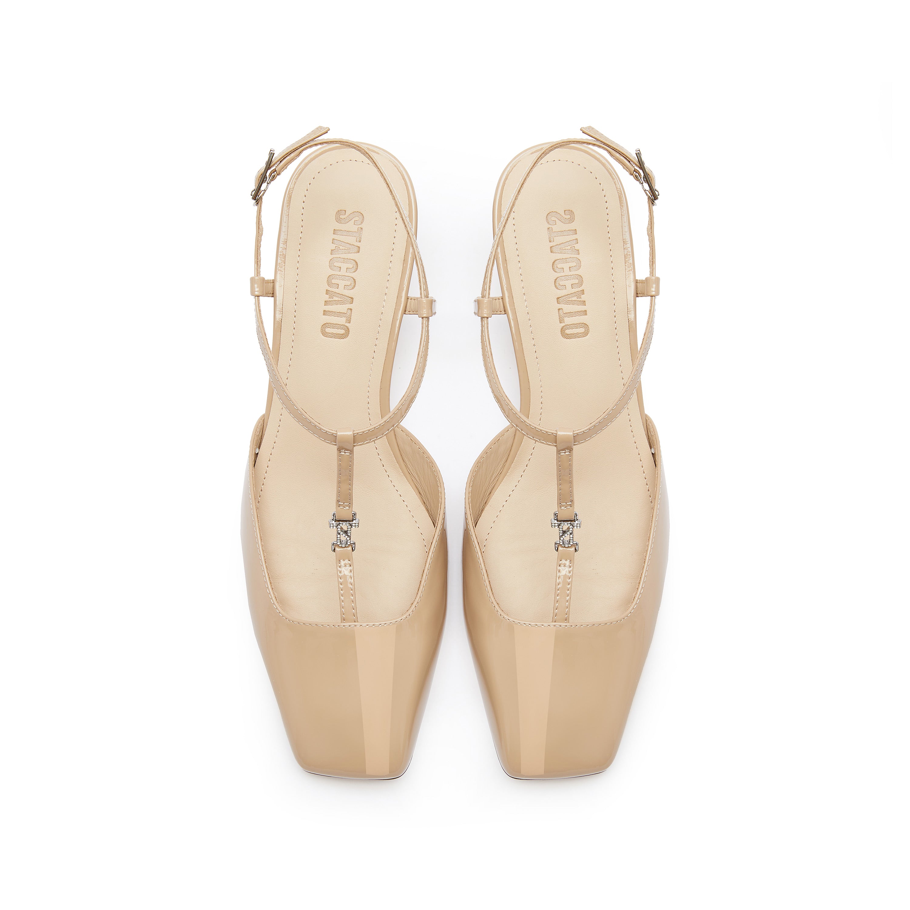 Taupe Square T-Strap Patent Pumps