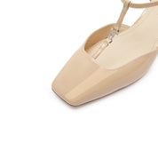 Taupe Square T-Strap Patent Pumps