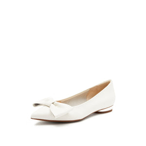 Beige Leather Bow Pointy Flats