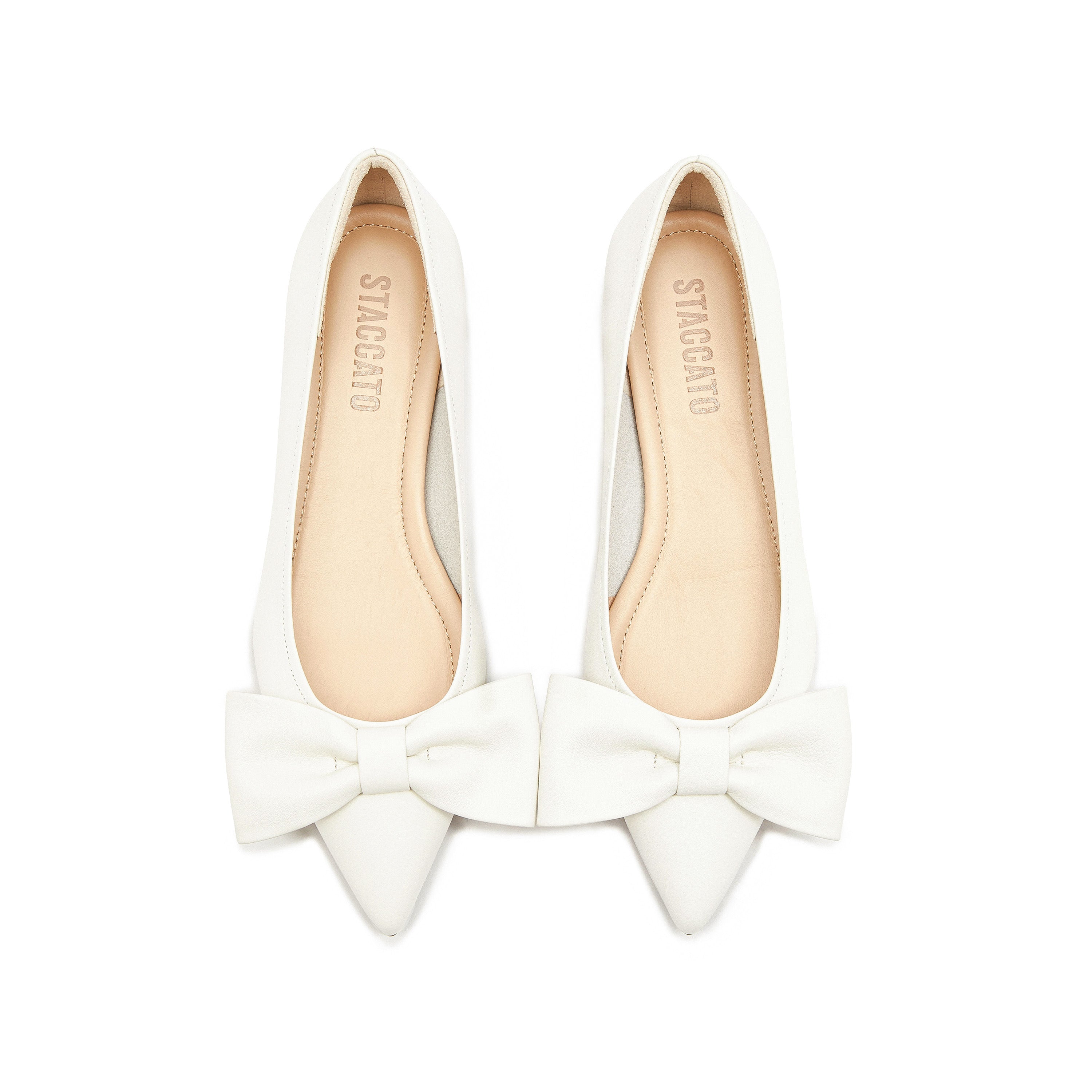 Beige Leather Bow Pointy Flats