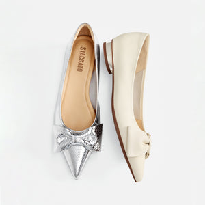 Beige Leather Bow Pointy Flats