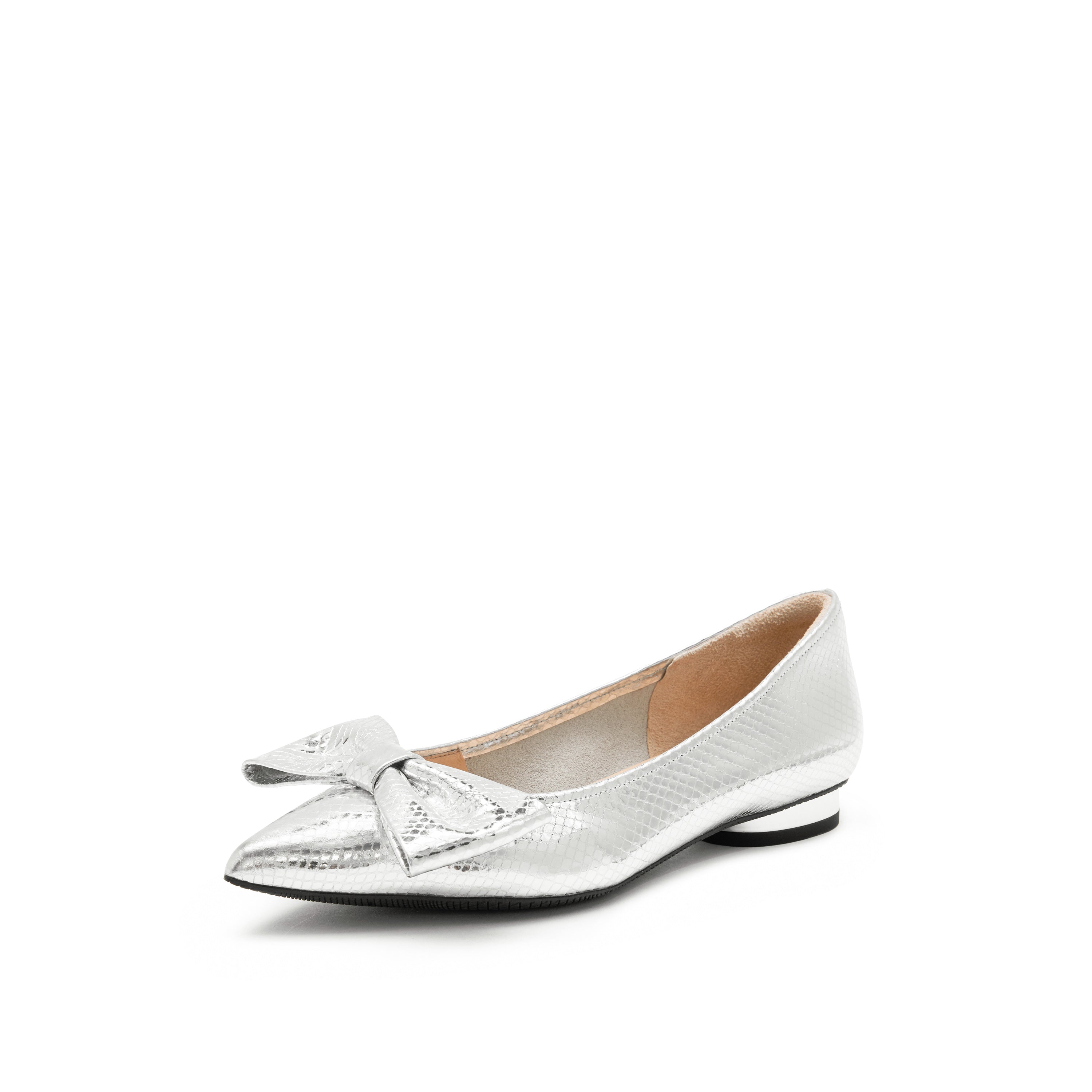 Silver Leather Bow Pointy Flats