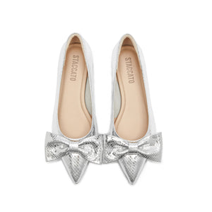 Silver Leather Bow Pointy Flats