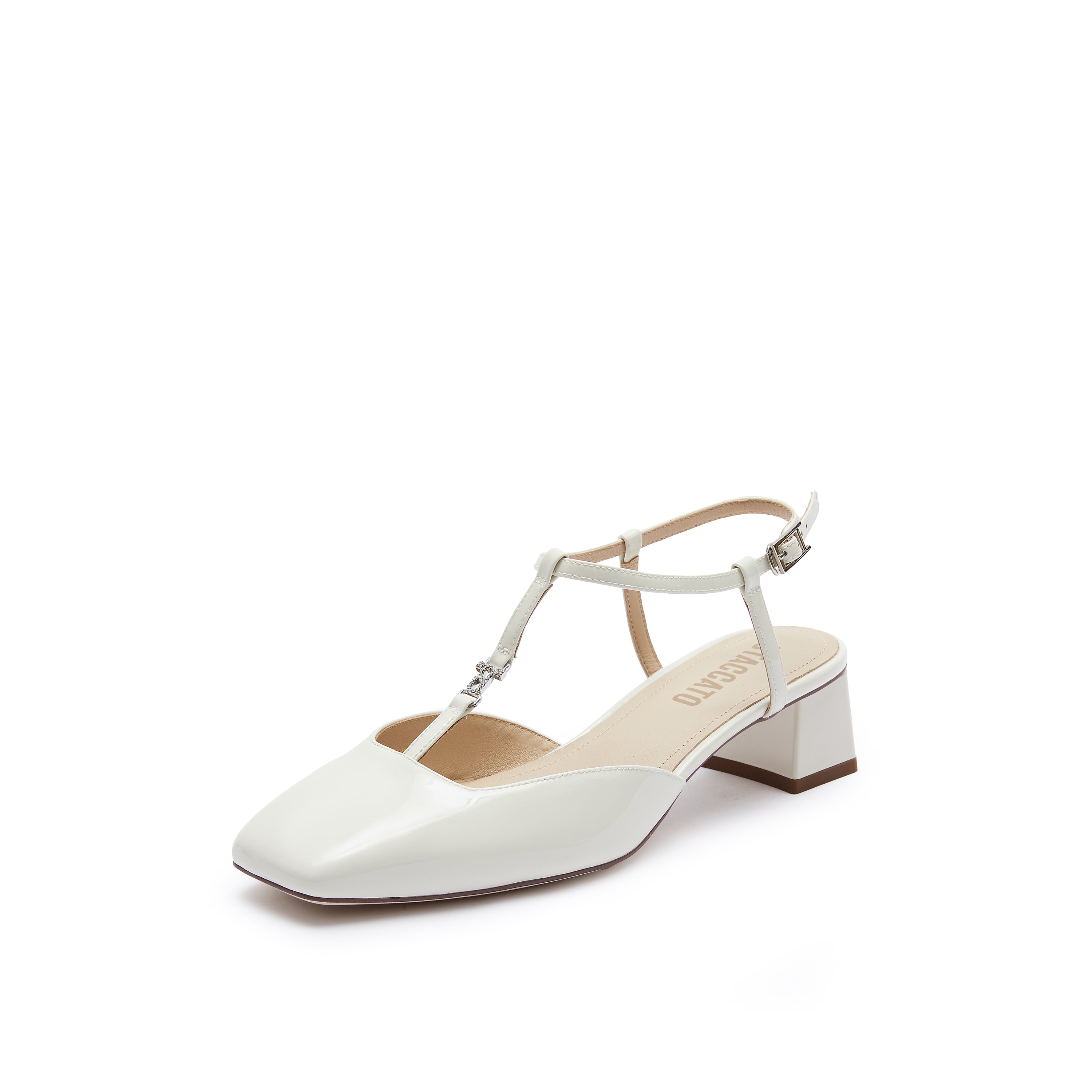 White Square T-Strap Patent Pumps